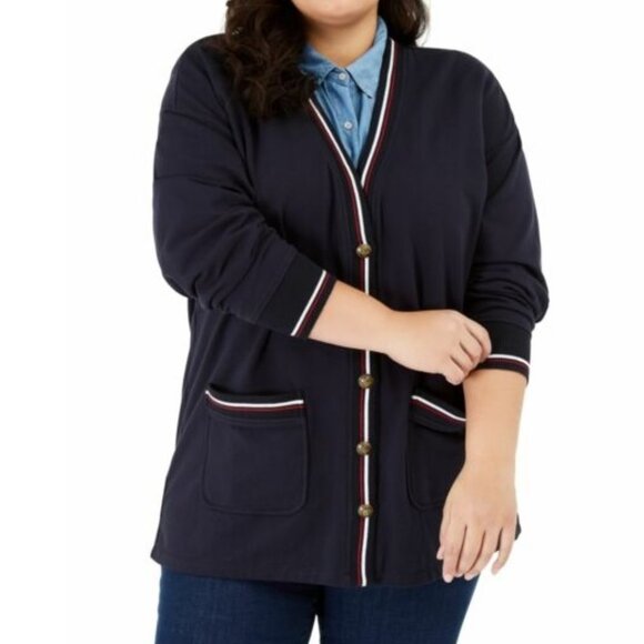 Tommy Hilfiger Plus Size Striped-Trim Cardigan - Picture 1 of 4